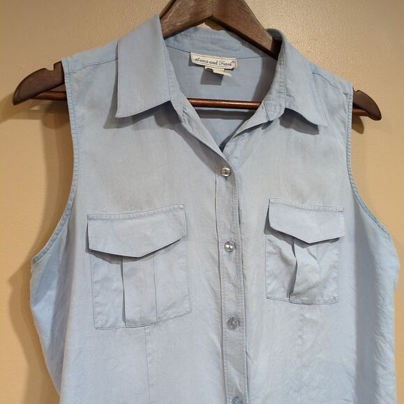 Anna & Frank Womens L 100% Silk Sleeveless Collared Blouse Blue Top Pockets - Picture 2 of 10
